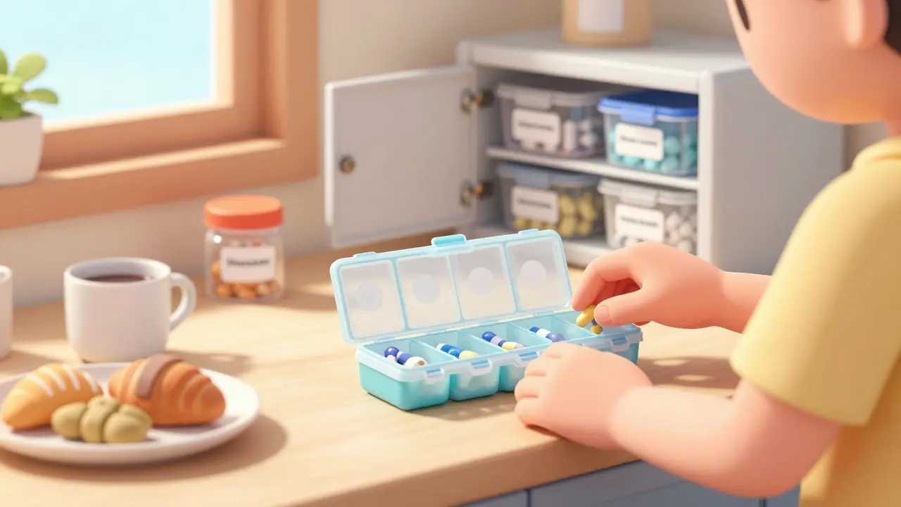 Person organizing pill box and secure medicine cabinet