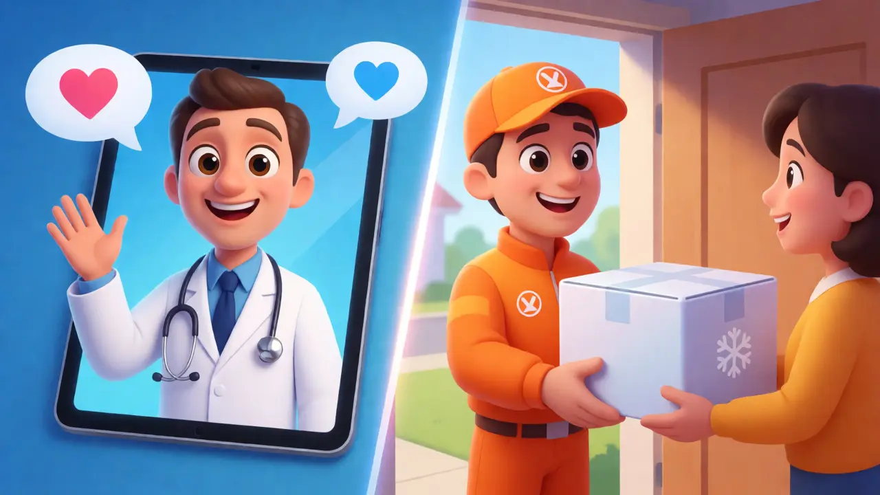 Telehealth doctor on tablet and courier delivering insulated medication package