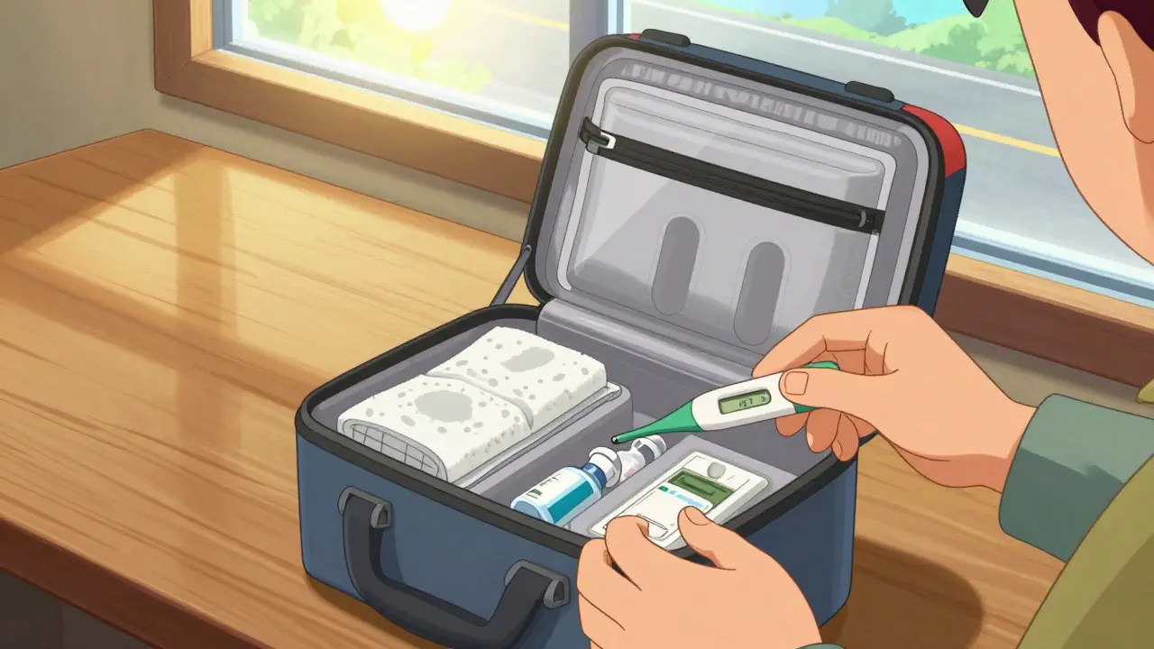Traveler packing an insulated cooler with wrapped gel packs and meds before a trip