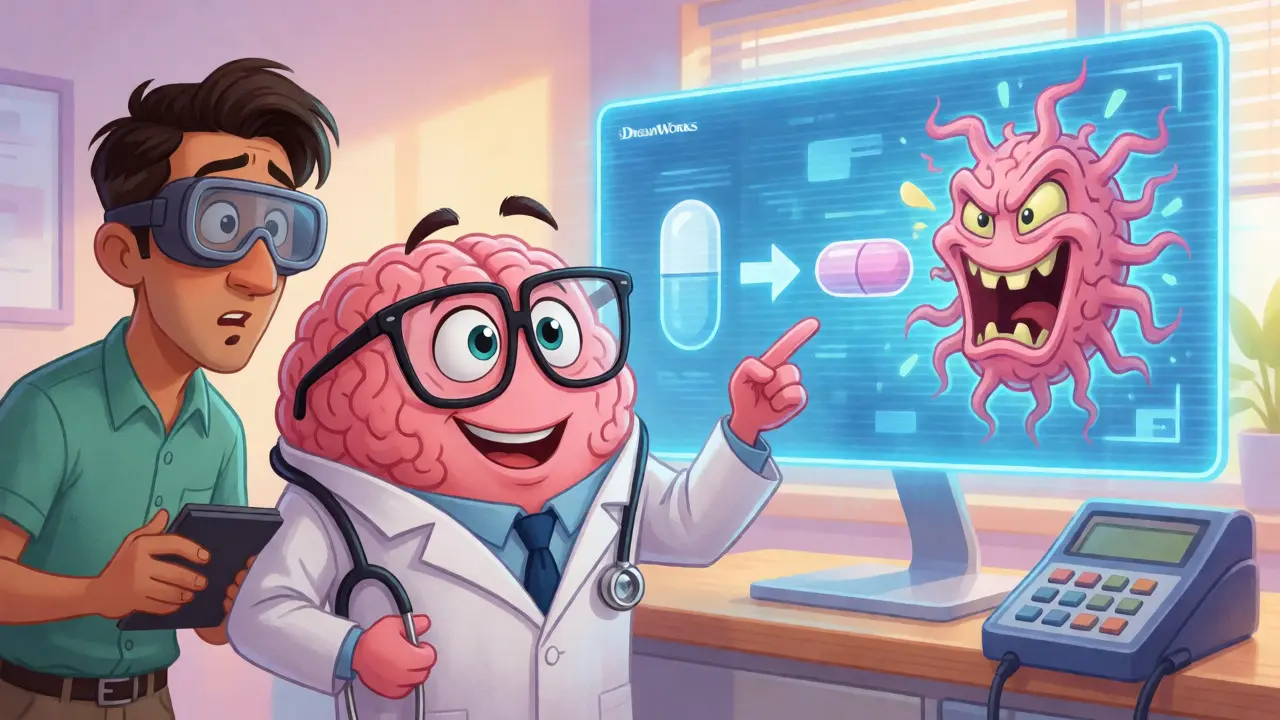 Cartoon brain doctor explaining how fear turns pills into monsters