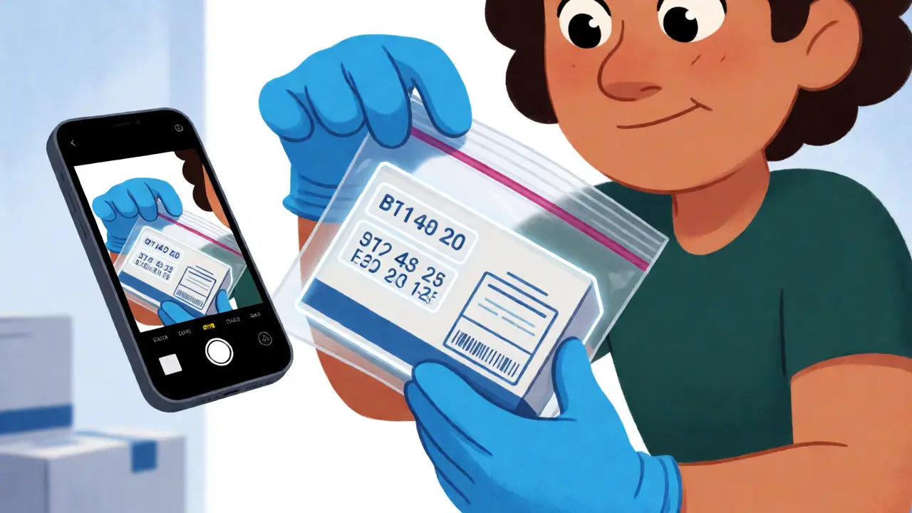 Character wearing gloves places suspect medicine in a bag while photographing it.