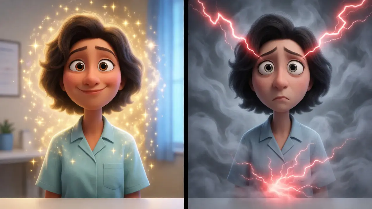 Split view comparing happy placebo effect versus anxious nocebo effect